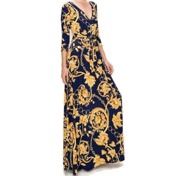 Janette Fashion Gold Floral and Chains Navy Faux Wrap Maxi Dress - Picture 2 of 3
